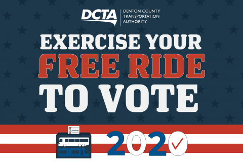 Red white and blue graphic that reads "Exercise your free ride to vote"