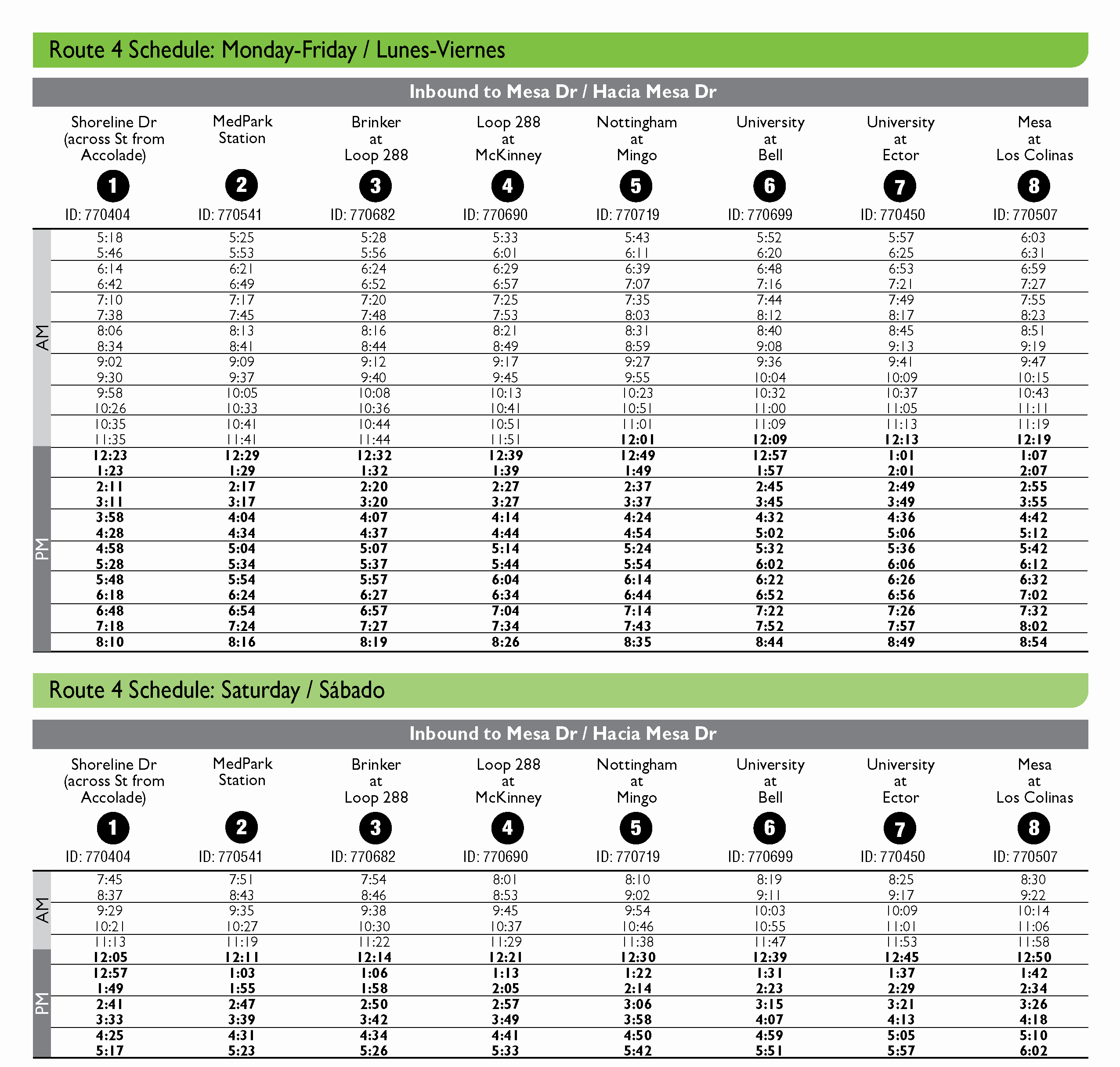 Northbound Route 4 Schedule