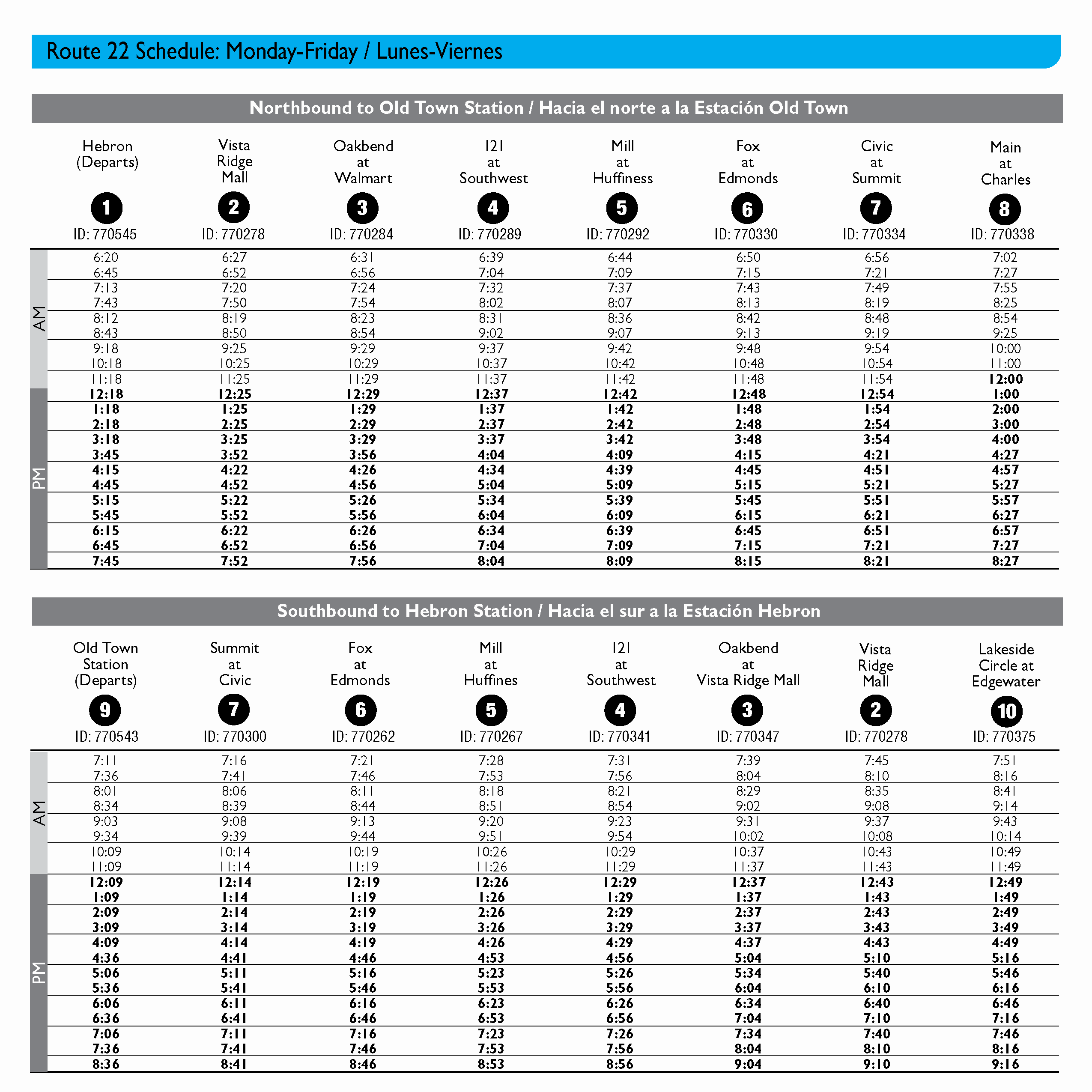 Route 22 Schedule