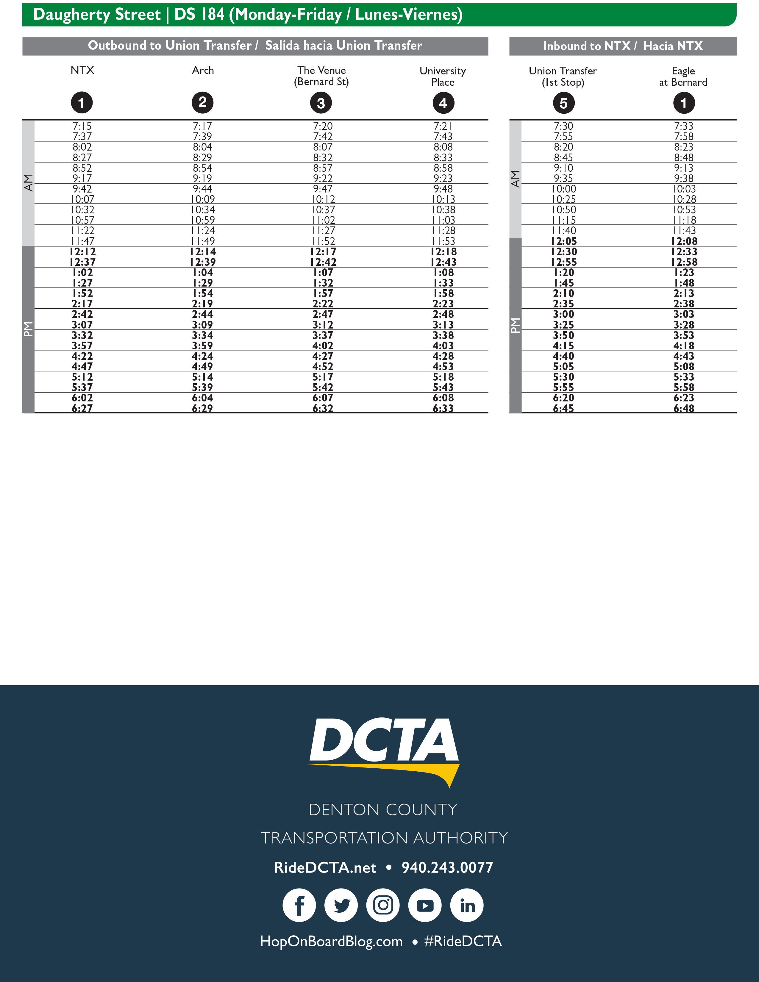 Daugherty Street Route 184 Timetable