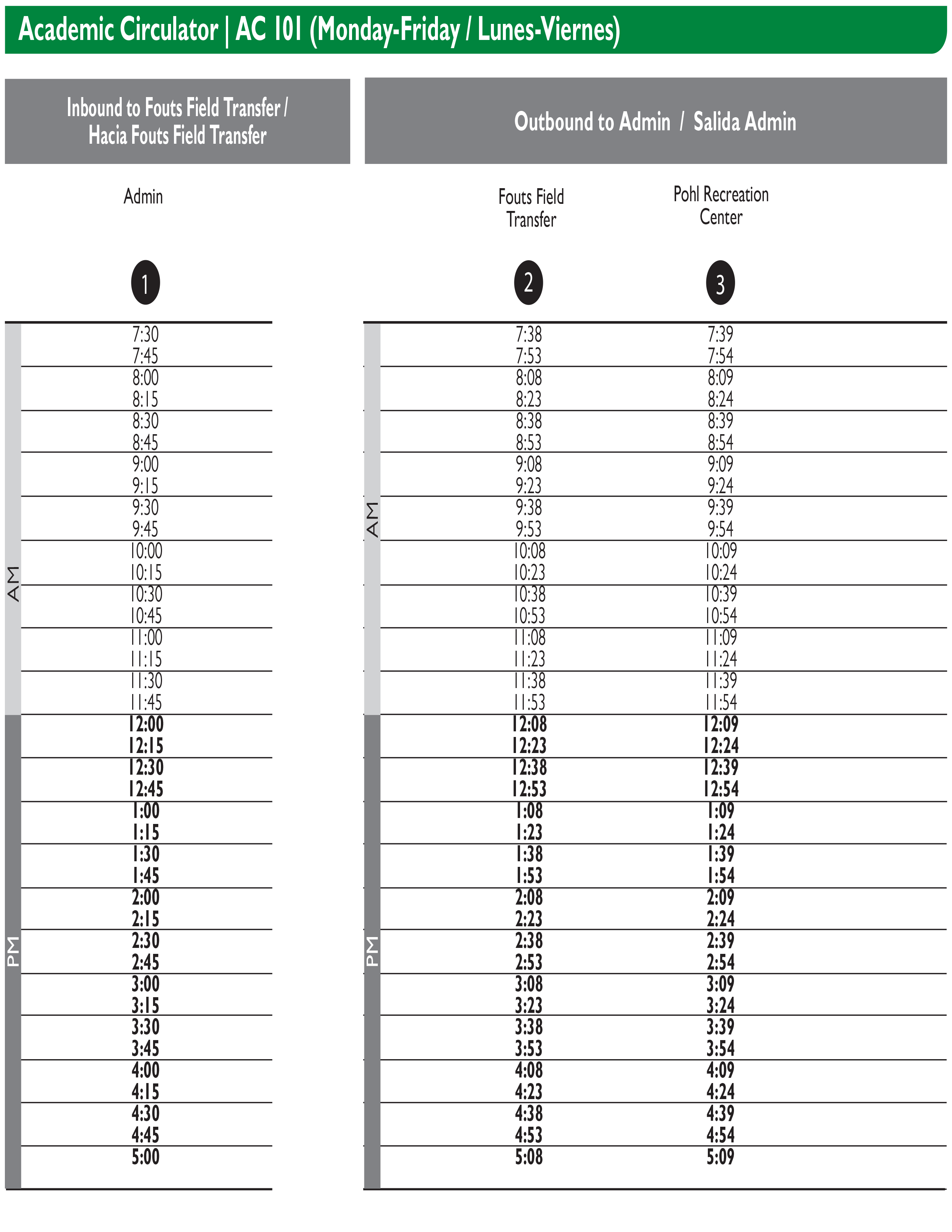 Academic Circulator Route 101 Timetable
