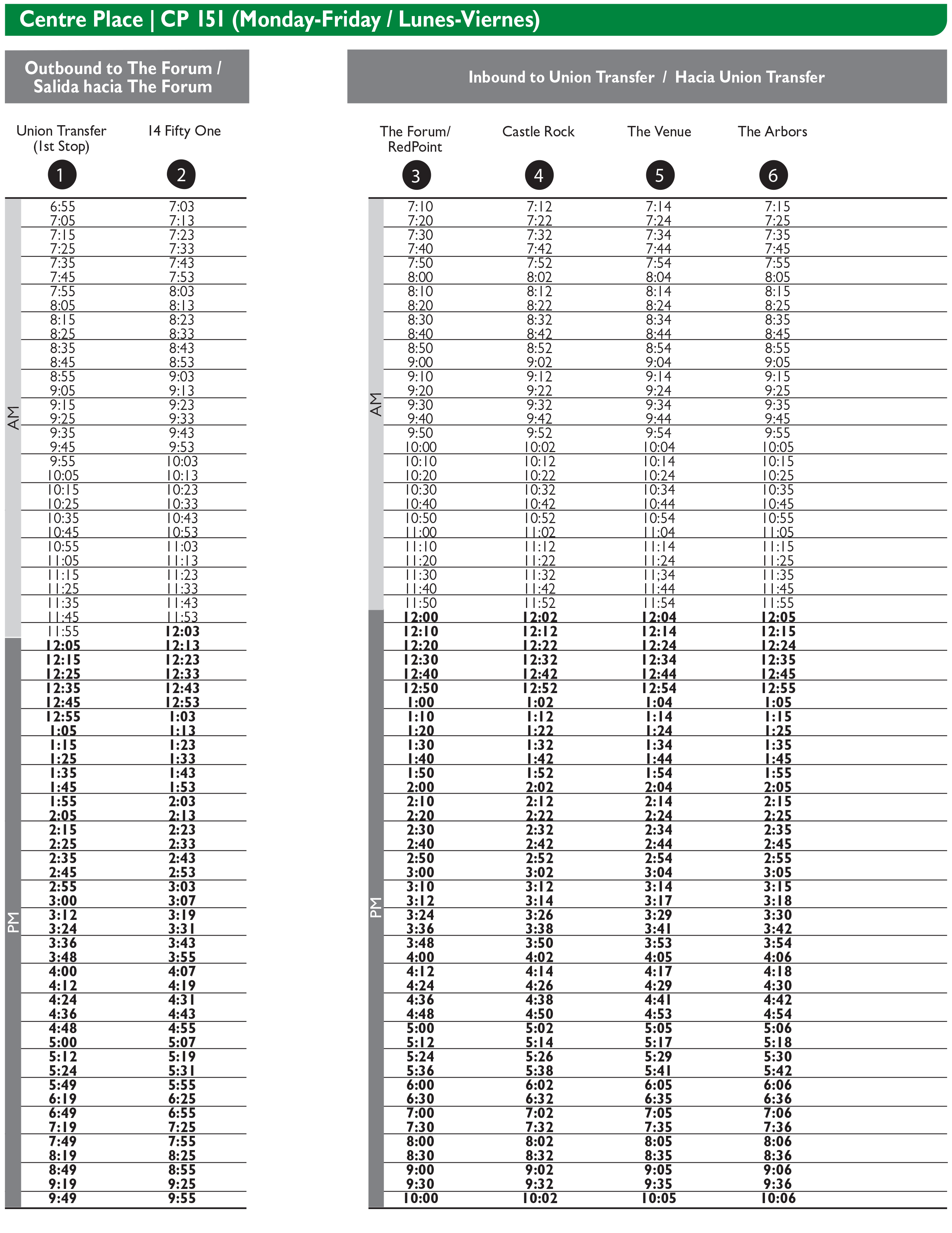 Centre Place Route 151 Timetable