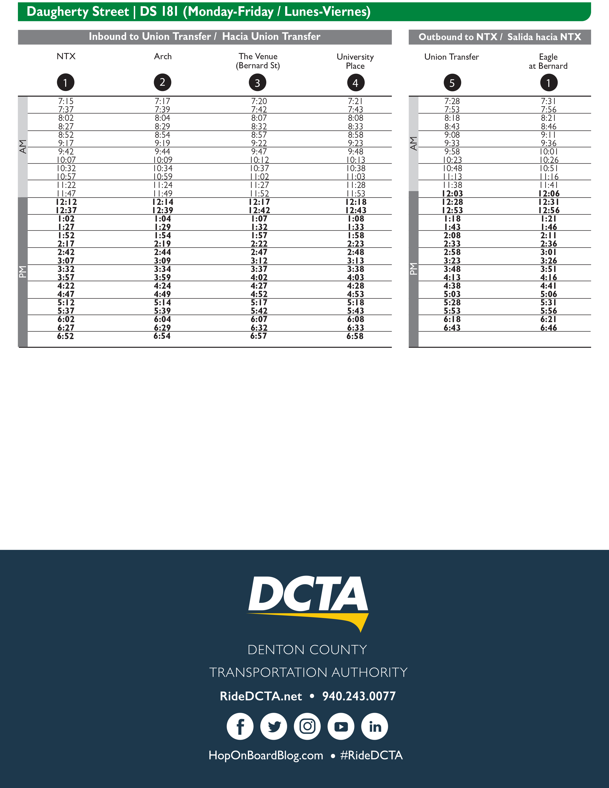 Daugherty Street Route 181 Schedule
