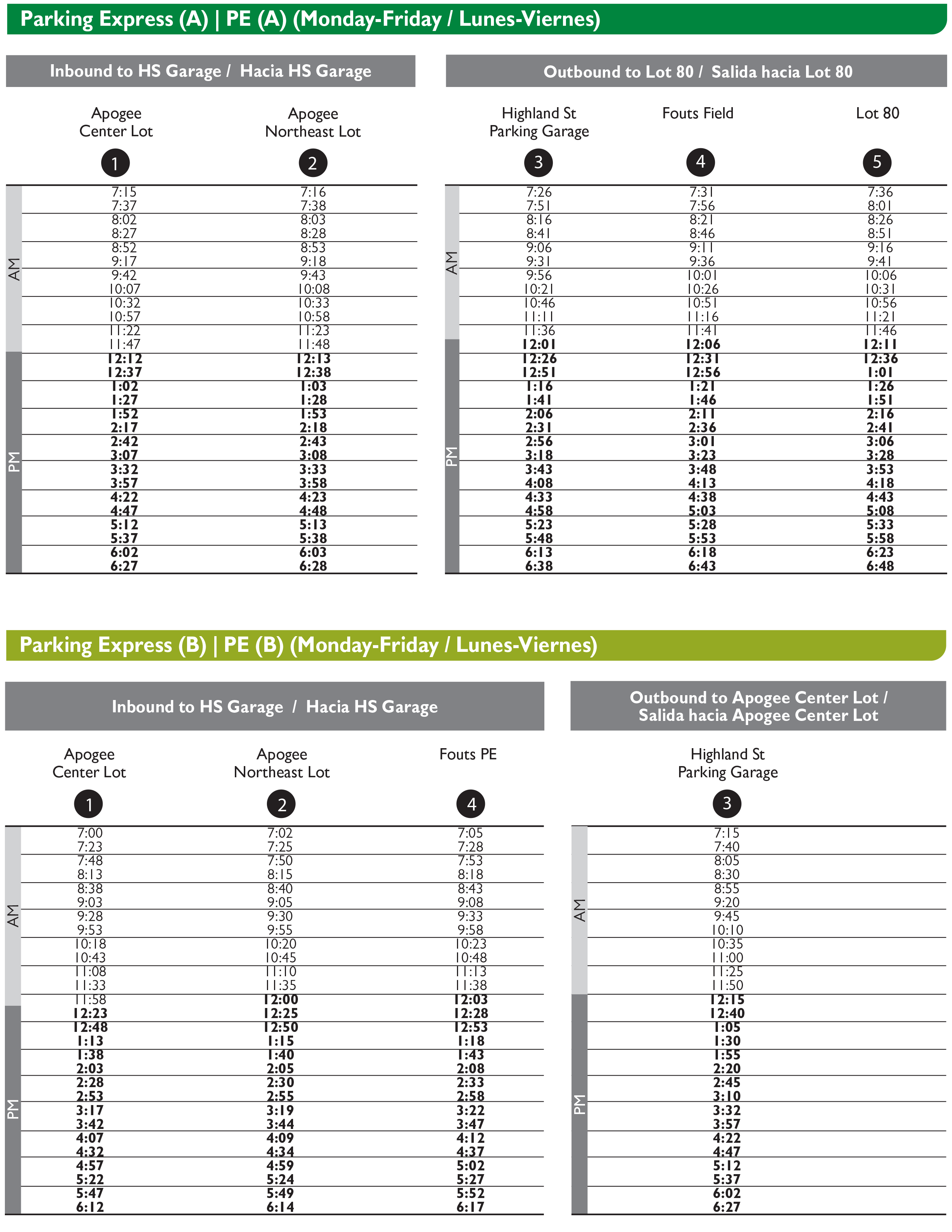 Parking Express A & B Timetable
