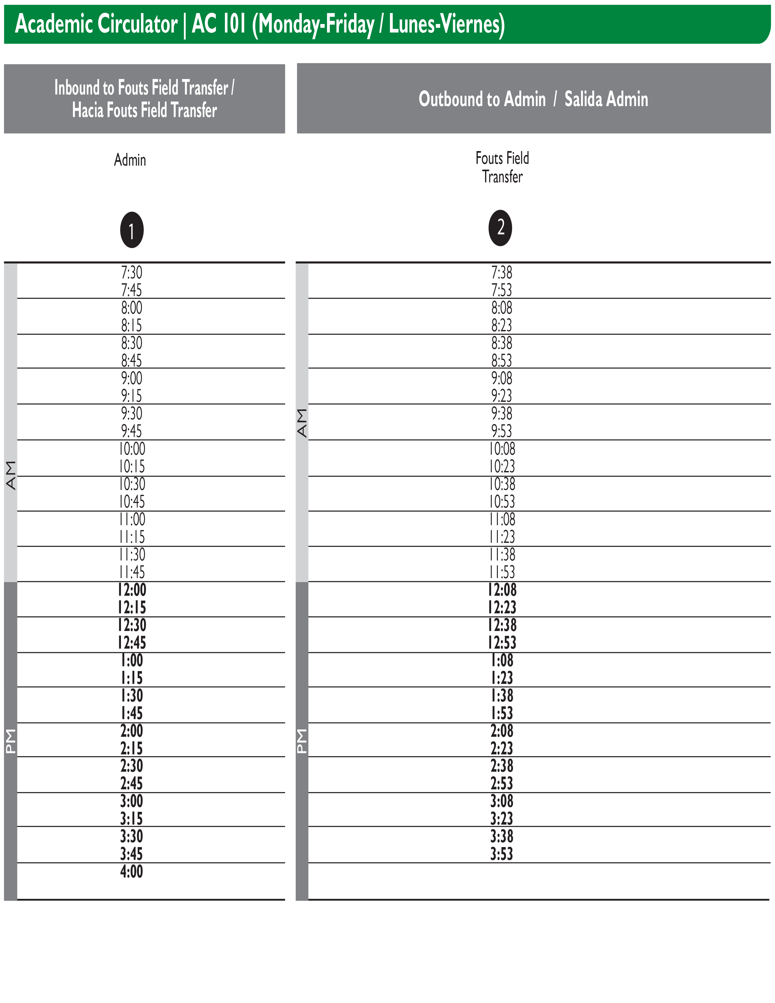 Academic Circulator Route 101 Timetable