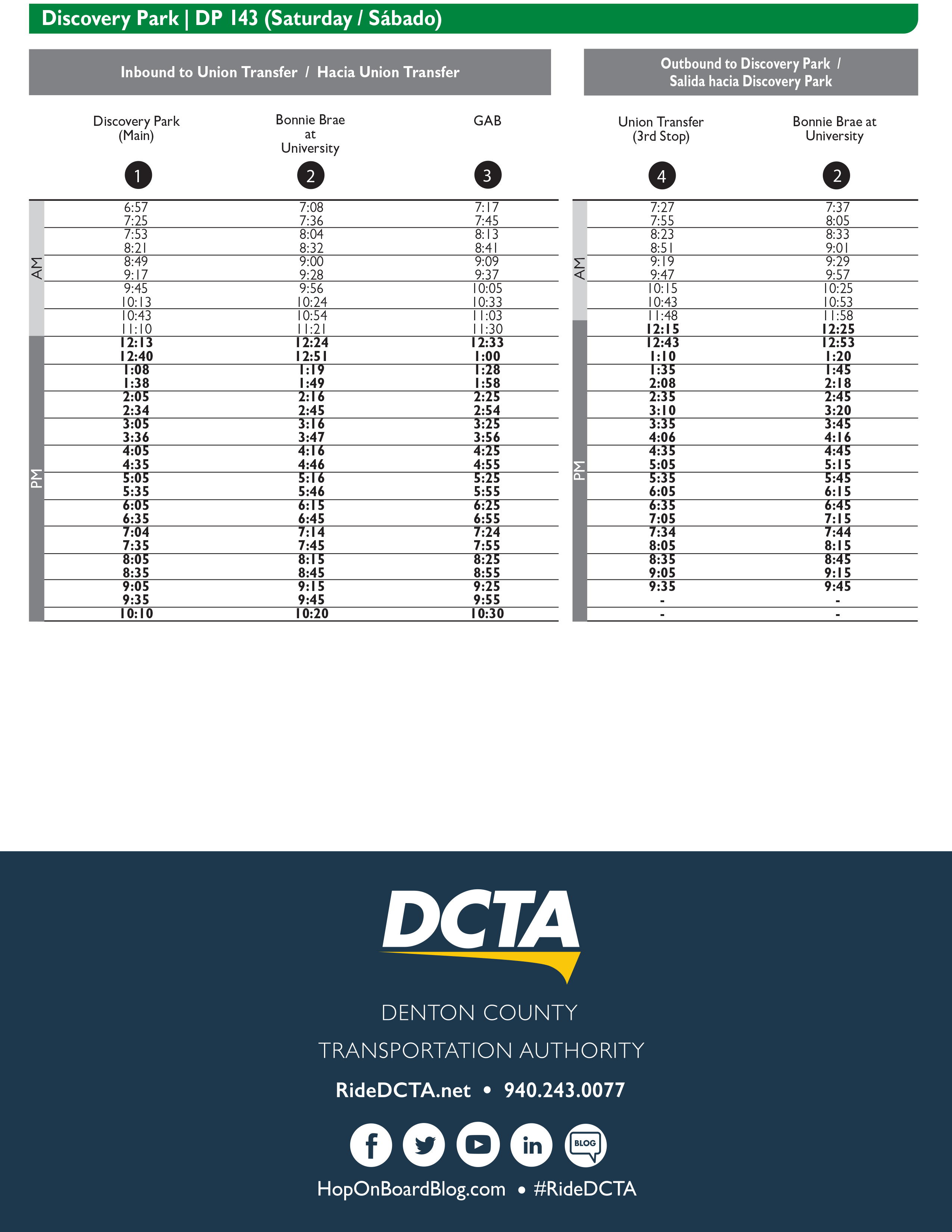 Discovery Park Route 141 Saturday Timetable