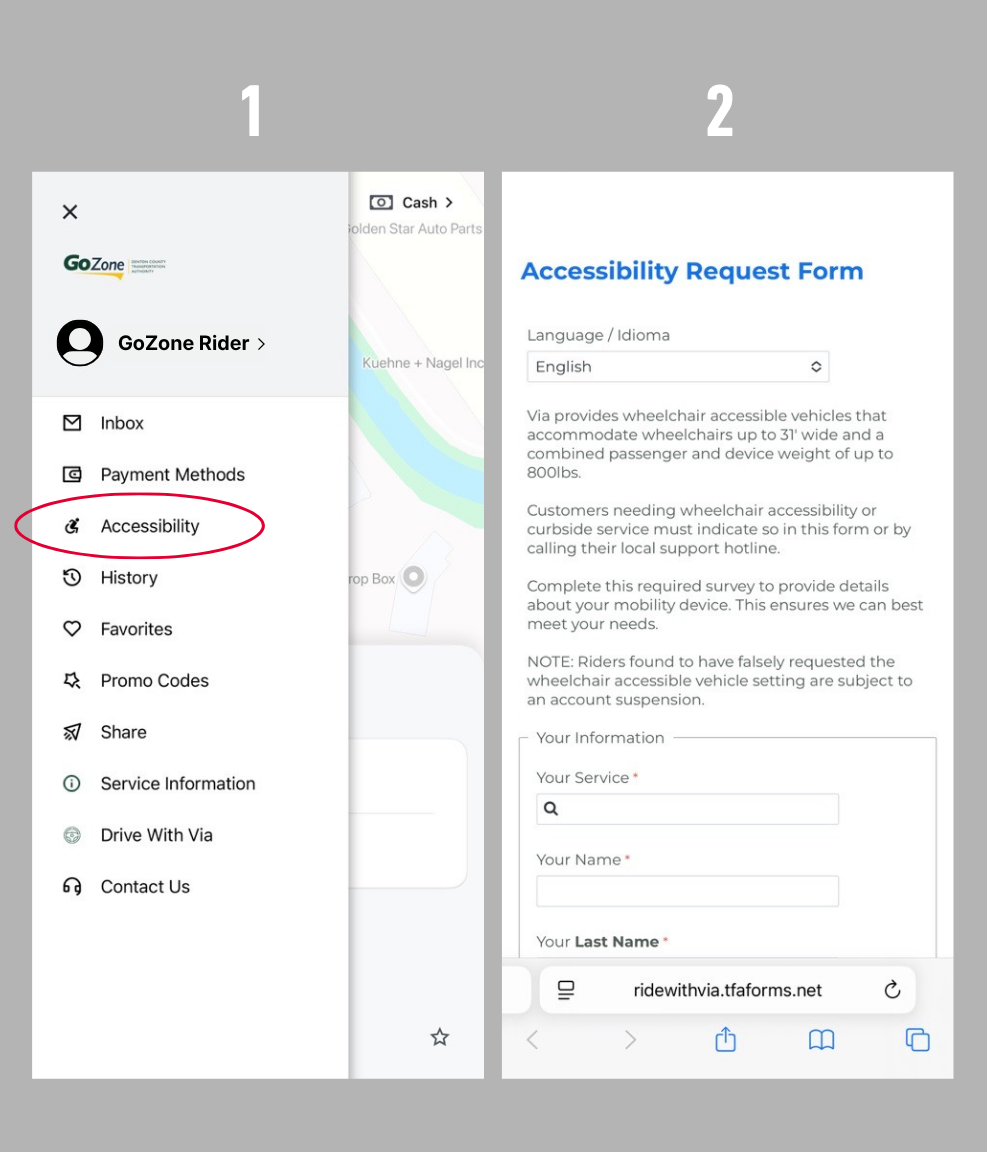 Screenshots of the GoZone app for the two steps of requesting Wheelchair Access for GoZone