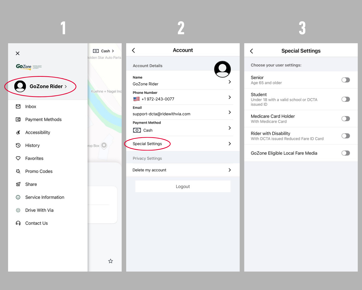 Screenshots of the GoZone app of the three steps for enabling reduced fares listed on the website.