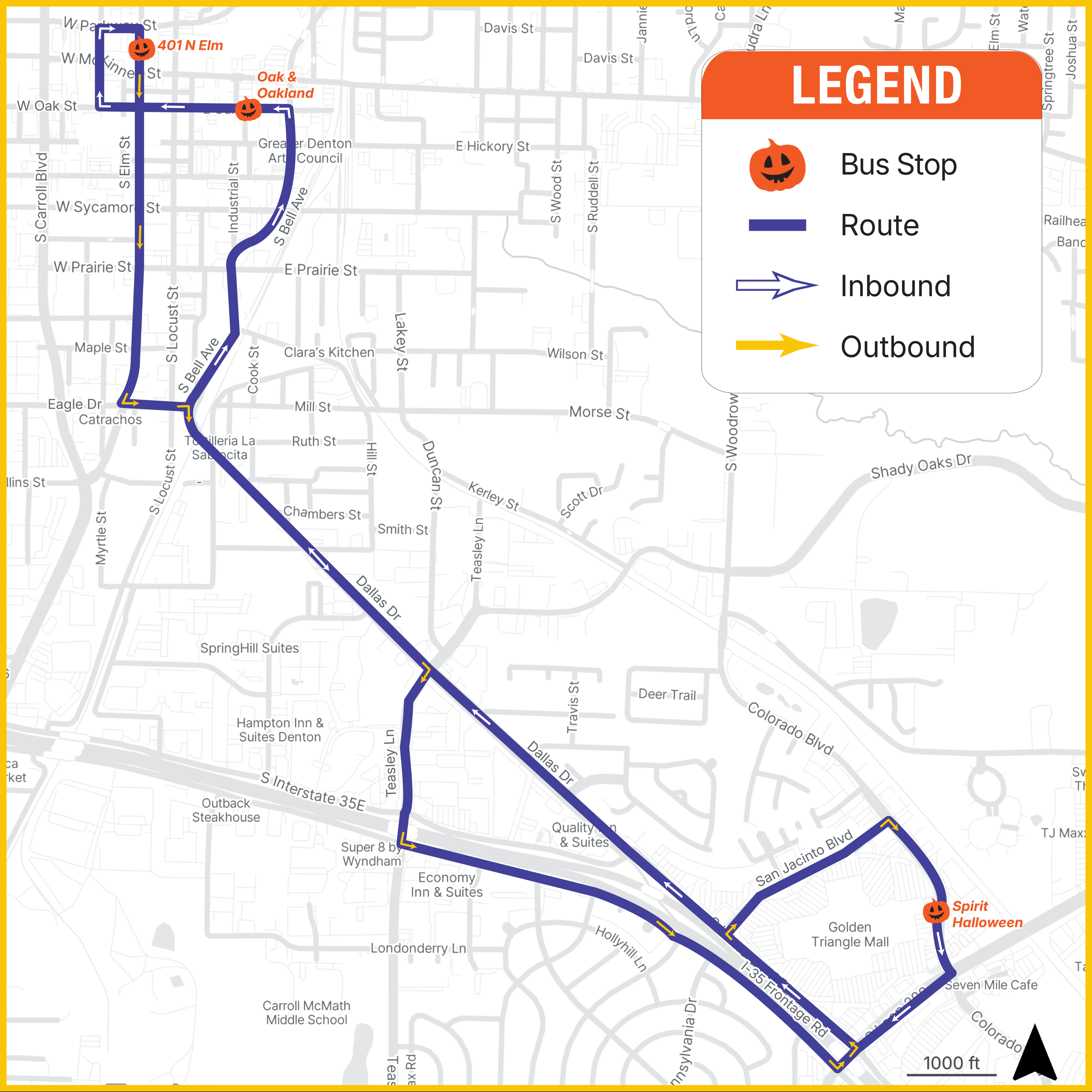 Denton Halloween shuttle route map running on a loop with stops at Spirit Halloween (Golden Triangle Mall), Oak & Oakland parking lot, and 401 N Elm St in Denton.