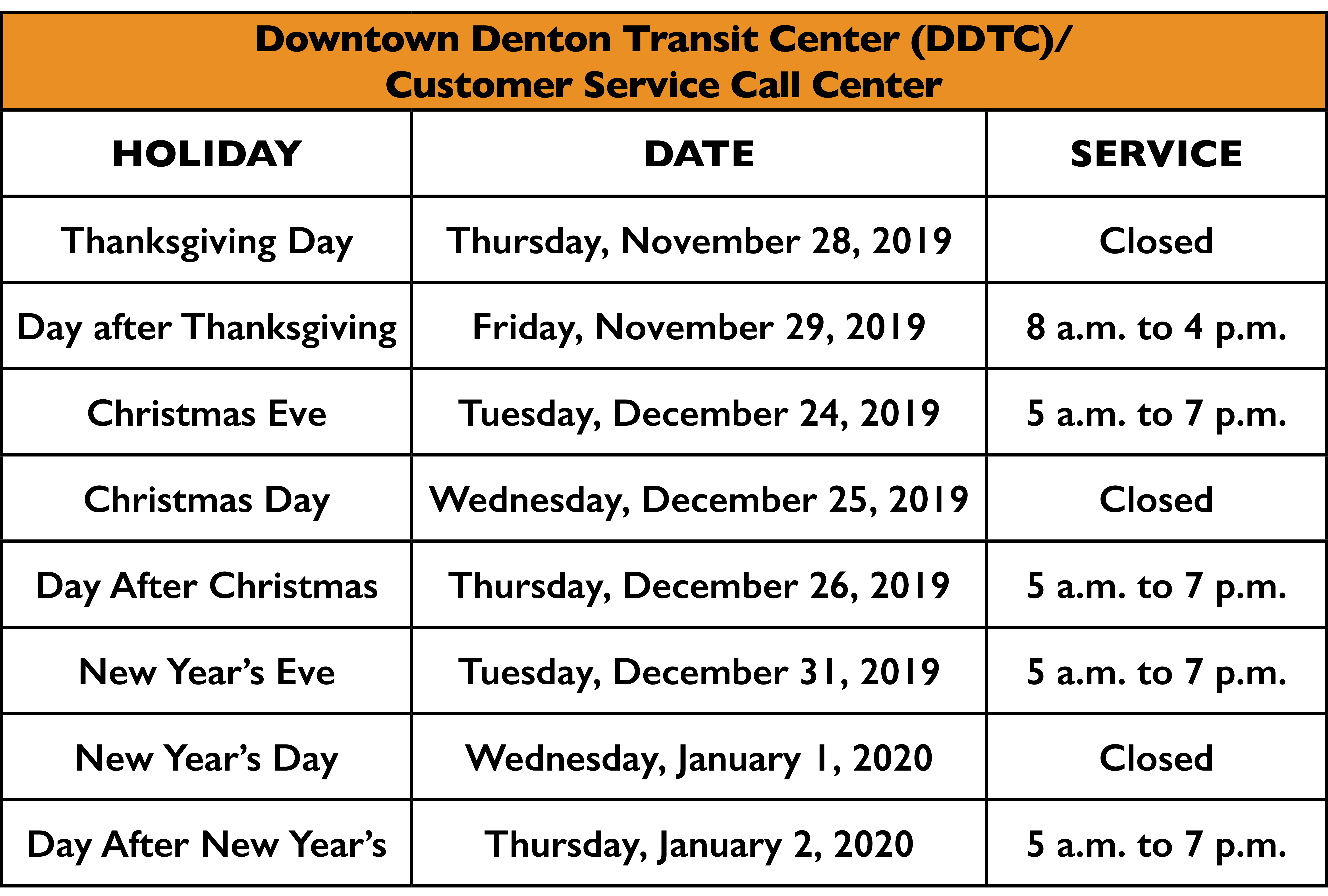 Downtown Denton Transit Center (DDTC)/Customer Service Call Center •	Thanksgiving Day (Thursday, November 28, 2019) – Closed •	Day after Thanksgiving (Friday, November 29, 2019) – 8 a.m. to 4 p.m. •	Christmas Eve (Tuesday, December 24, 2019) – 5 a.m. to 7 p.m. •	Christmas Day (Wednesday, December 25, 2019) – Closed •	Day After Christmas (Thursday, December 26, 2019) – 5 a.m. to 7 p.m. •	New Year's Eve (Tuesday, December 31, 2019) – 5 a.m. to 7 p.m. •	New Year's Day (Wednesday, January 1, 2020) – Closed •	Day After New Year’s (Thursday, January 2, 2020) – 5 a.m. to 7 p.m.