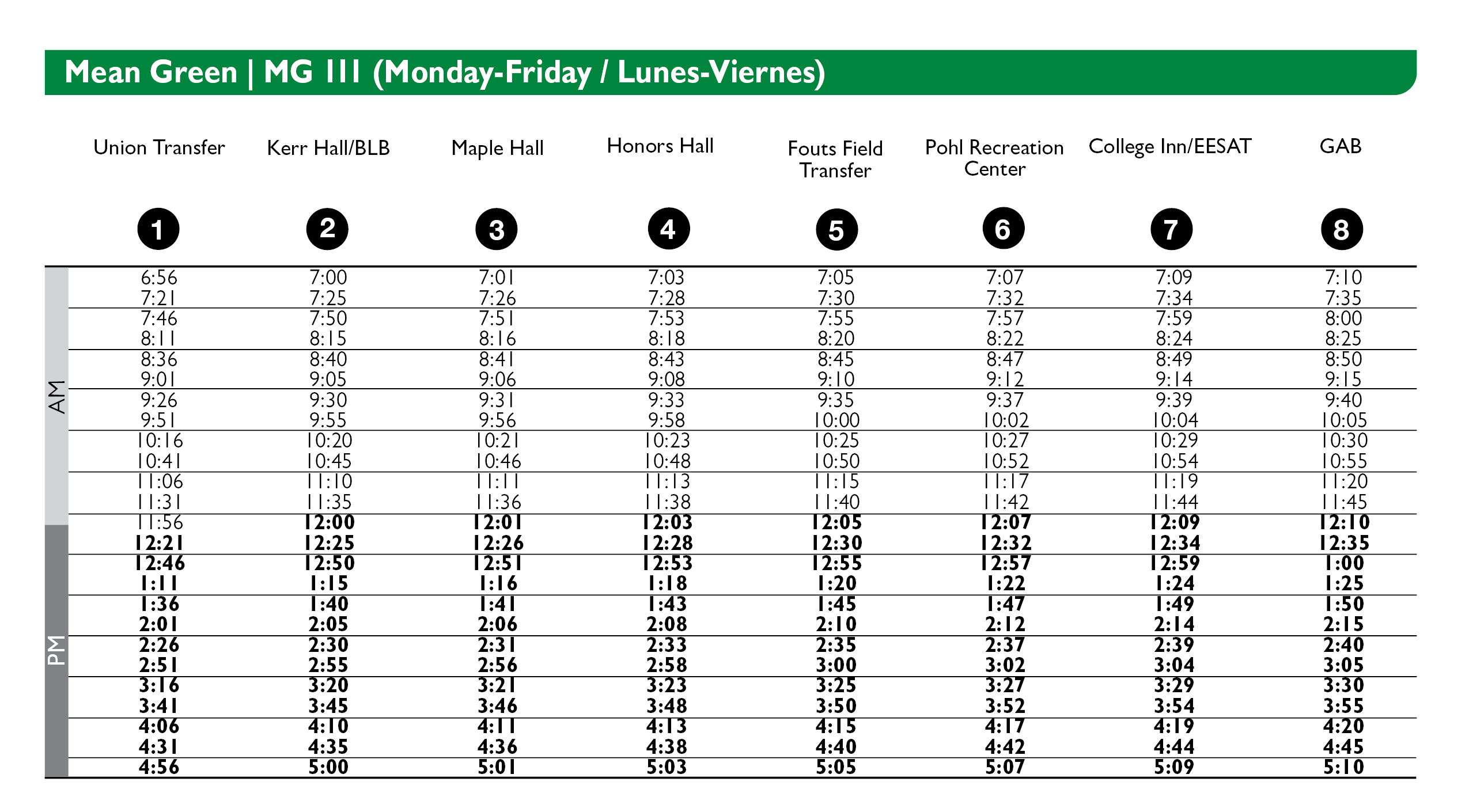 Mean Green Schedule