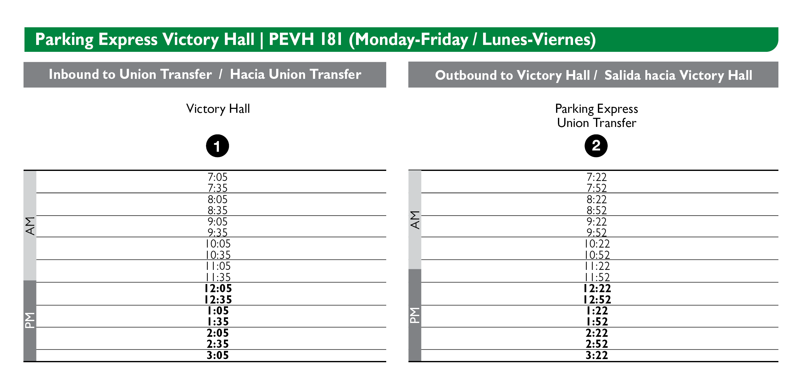 Parking Express Victory Hall Schedule