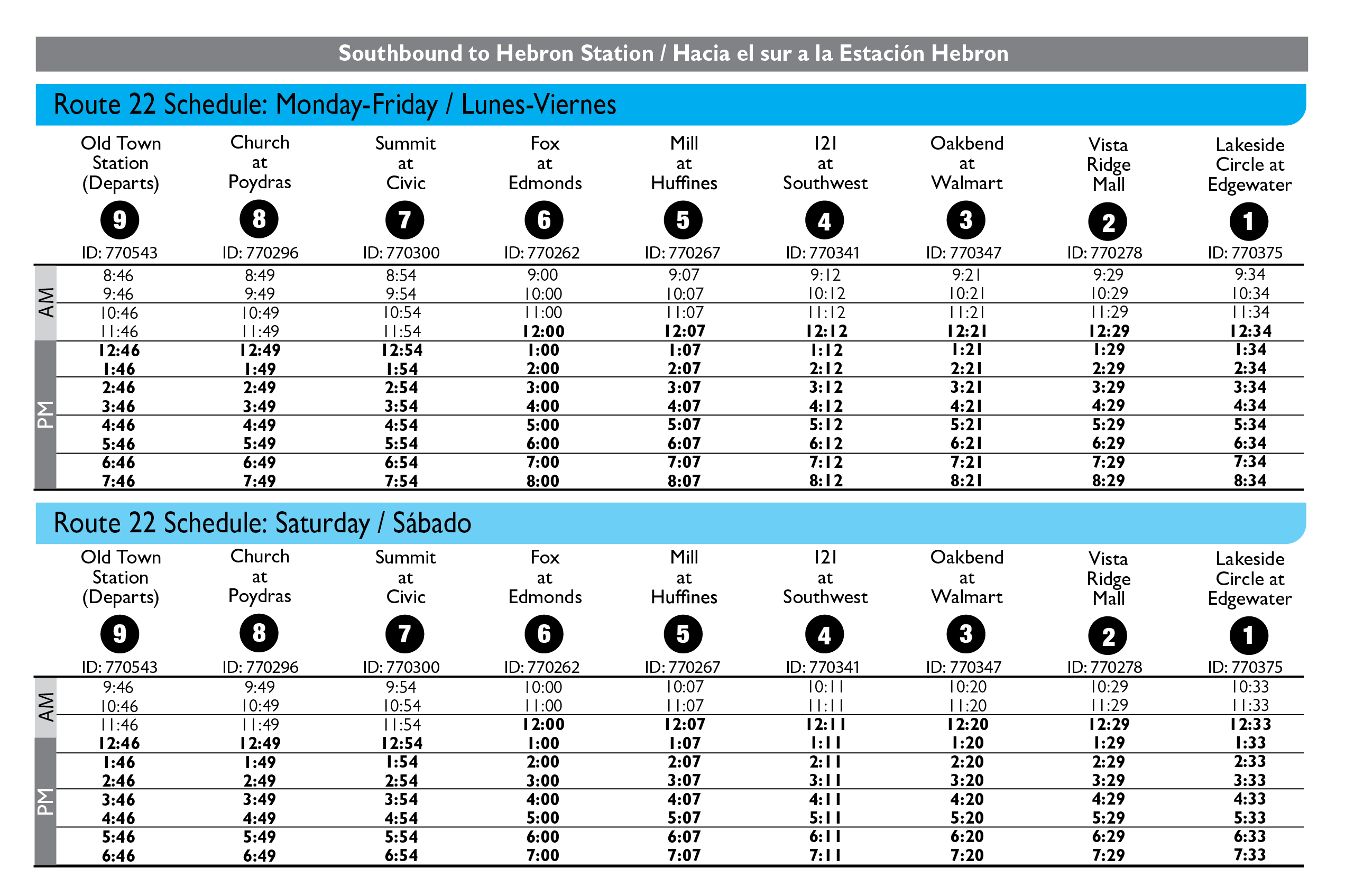 Route 22 Southbound Schedule