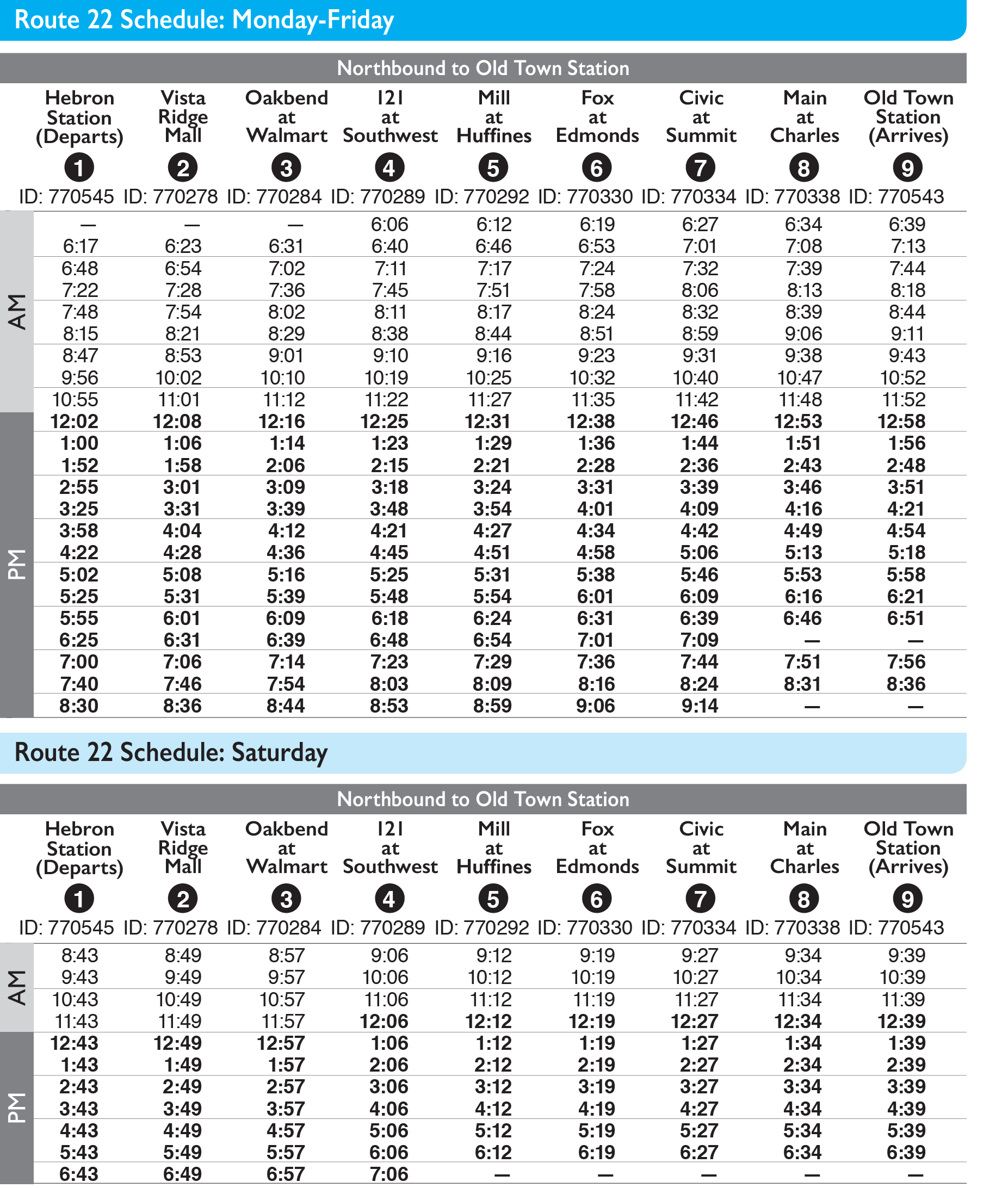 Route 22 Schedule