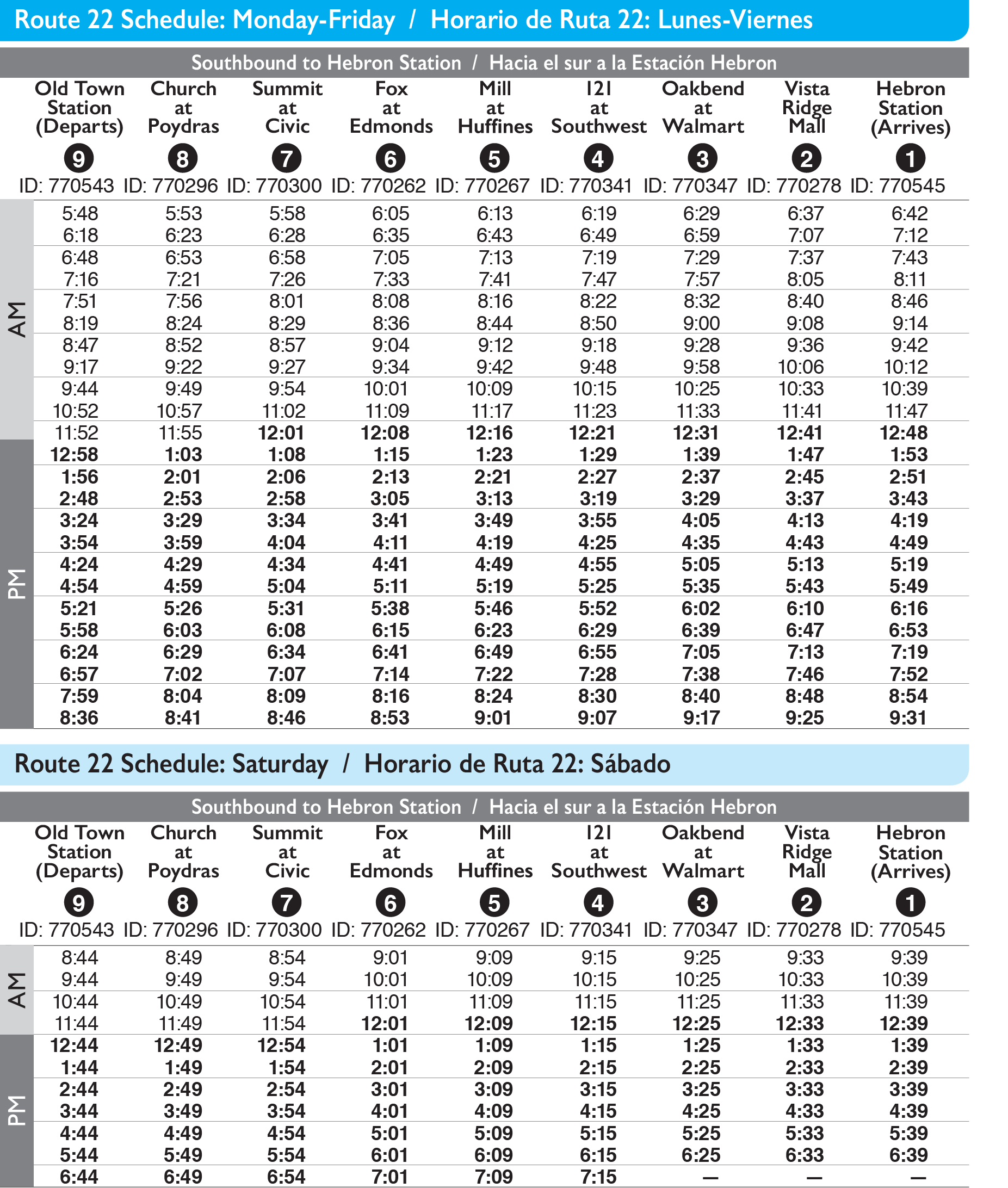 Route 22 Southbound Schedule