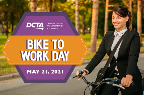 Business woman on bike. Text reads "Bike to Work Day May 21, 2021"