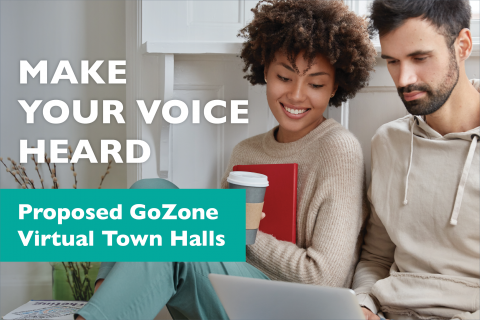 Couple looking at a phone. Text reads "Make your voice heard. Proposed GoZone Virtual Ton Halls"