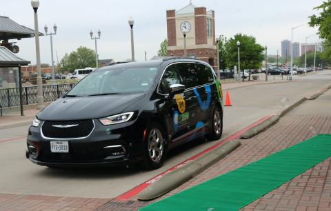 GoZone ceremonial one millionth completed ride arriving at Downtown Denton Transit Center.