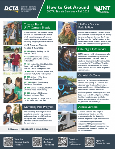 Flyer titled "How to Get Around" for the University of North Texas Fall 2025.