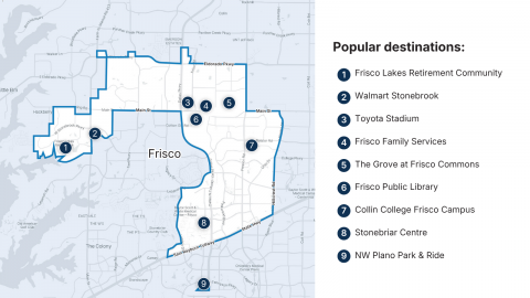 Map of popular destinations within the Frisco GoZone service area