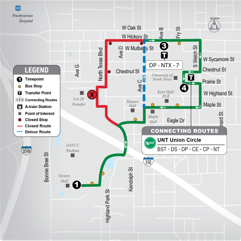 This image shows a detour map for Eagle Point (EP 131). A green line shows the normal service route, while a red line shows the closed road and stops. A dashed blue line indicates the detour along Avenue C.