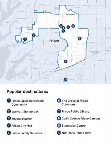 Map of the GoZone Frisco service zone with call outs to popular destinations