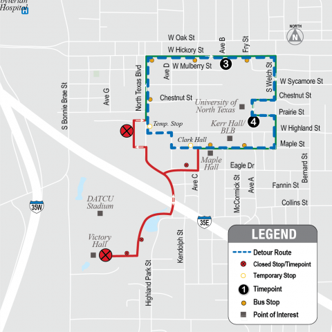 Transit detour map for Eagle Point EP 131, showing bus routes, closed stops at Honors Hall and Fouts, temporary stops at Clarks Hall and east side of North Texas Blvd., and nearby stadium landmarks.