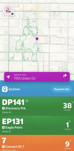 Screenshot of the Transit app showing routes near the UNT Union building.