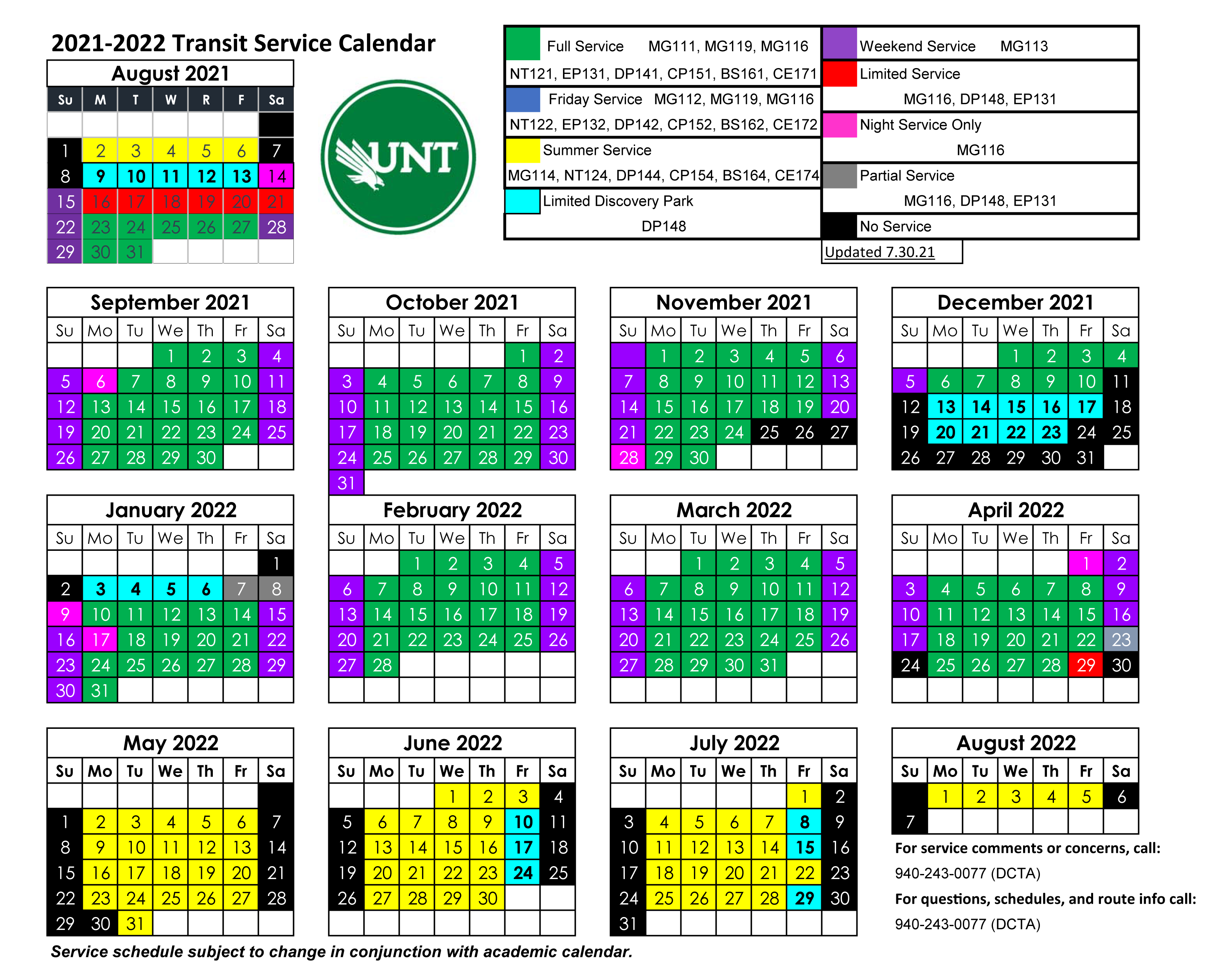 2021-2022 UNT Service Calendar Day Counts