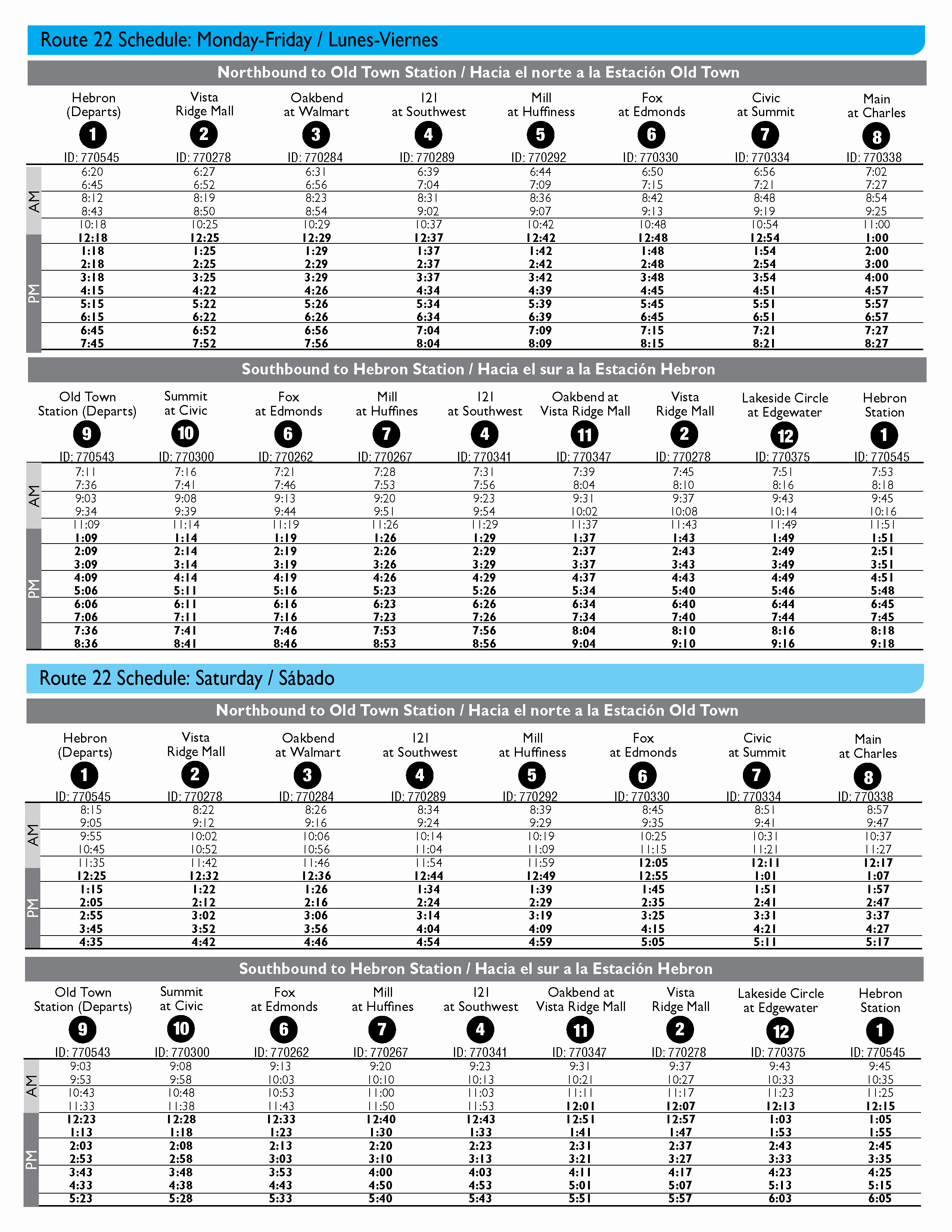 Route 22 Schedule