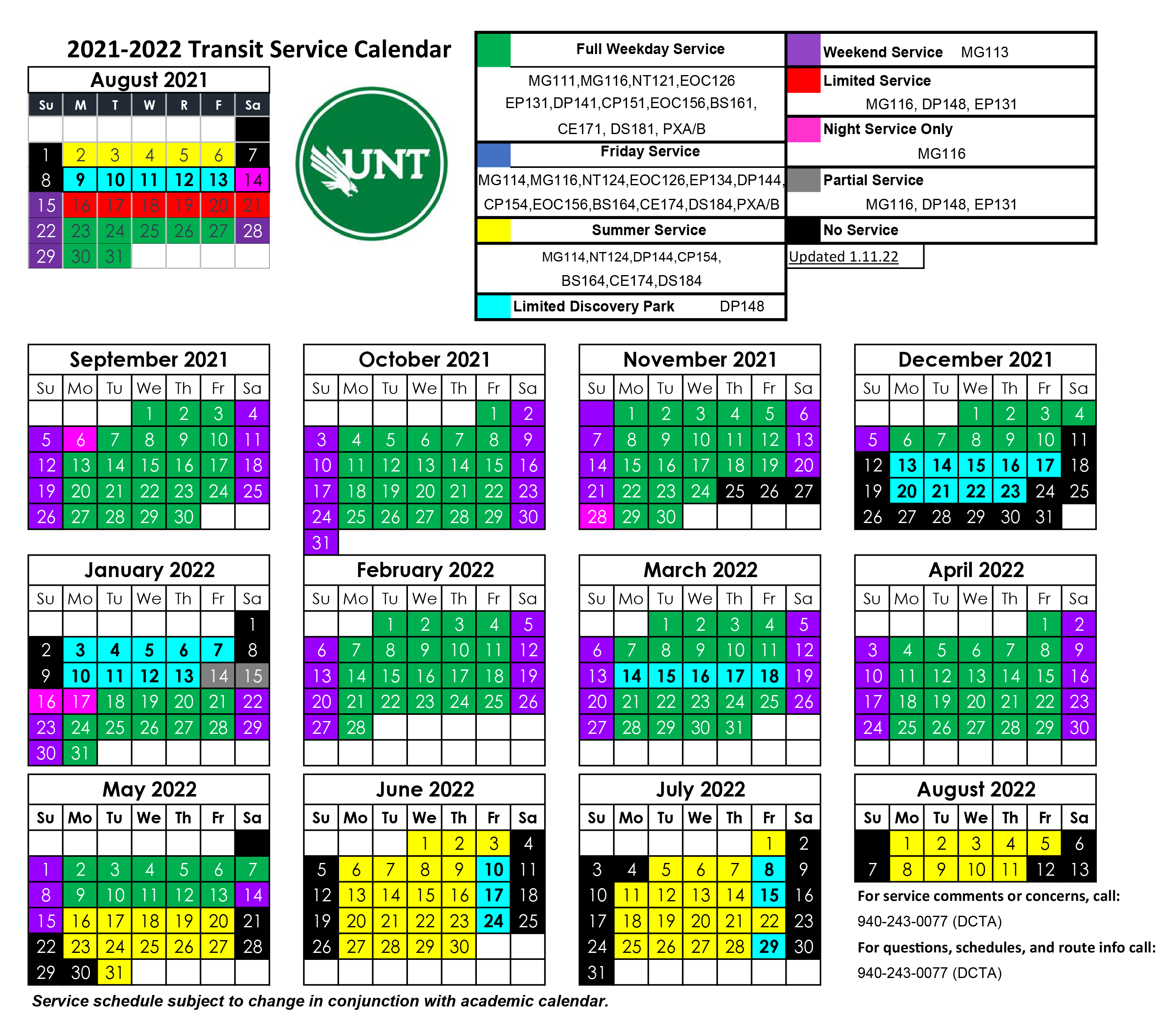 UNT Service Calendar - 1.12.22