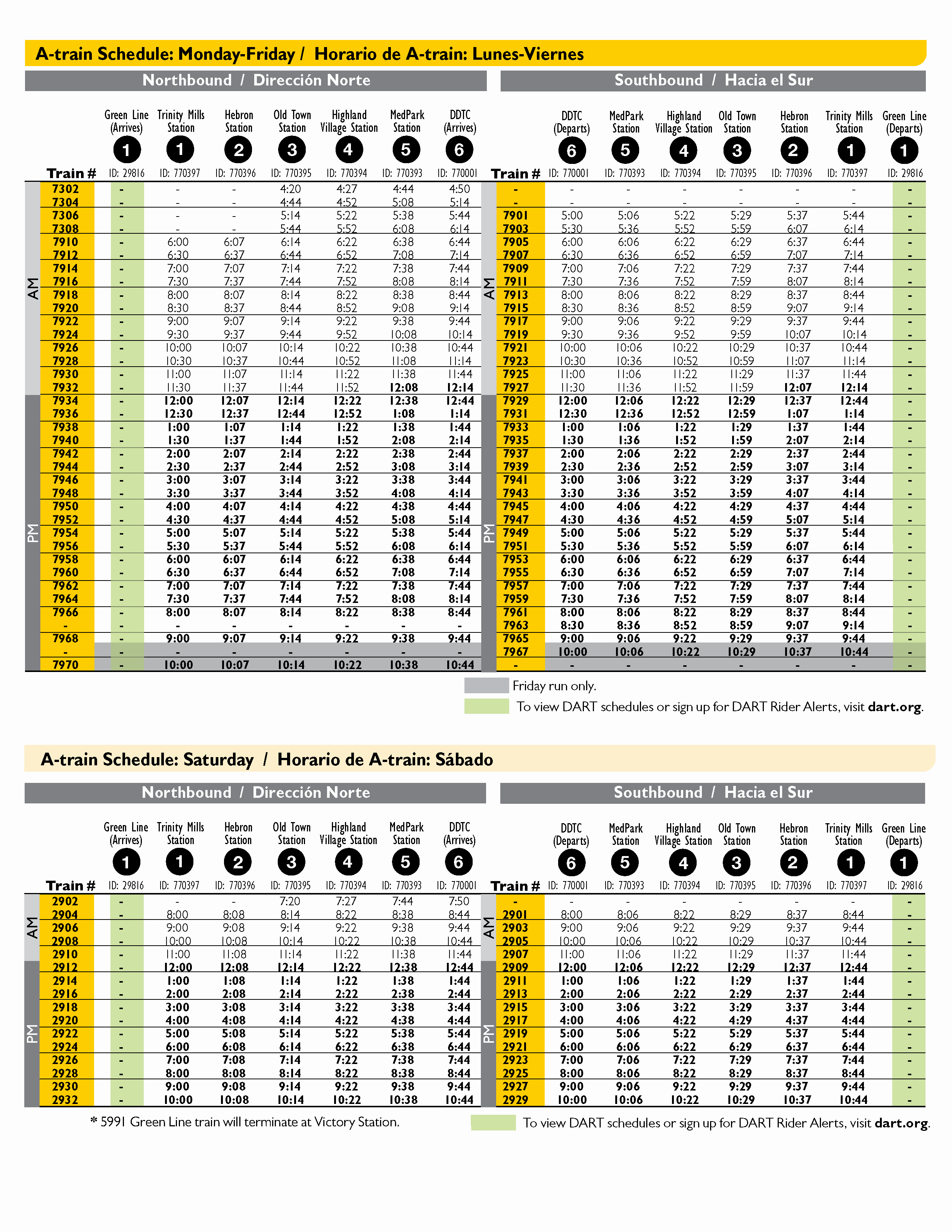 A-train Schedule without DART Green Times