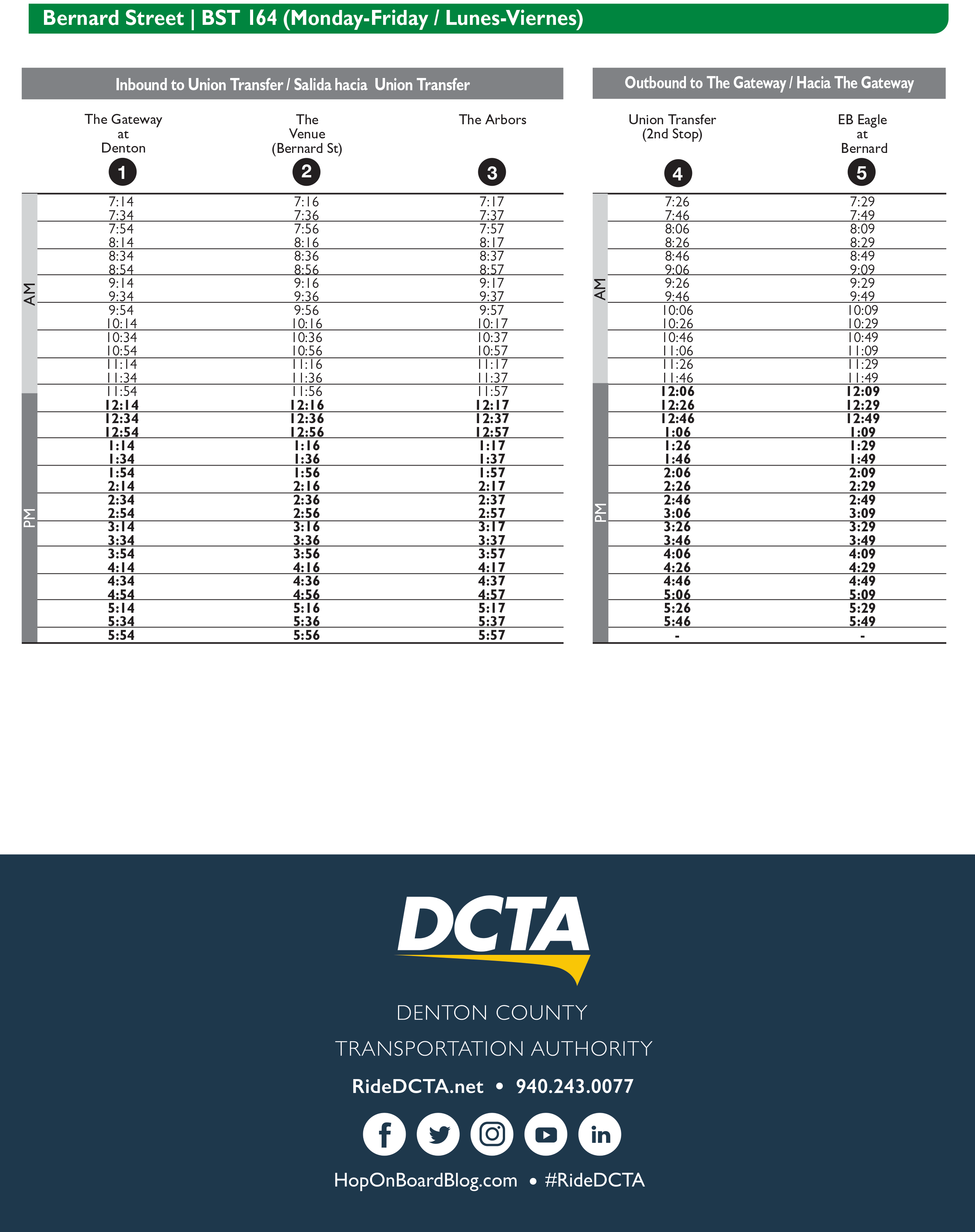 Bernard Street Route 164 Timetable