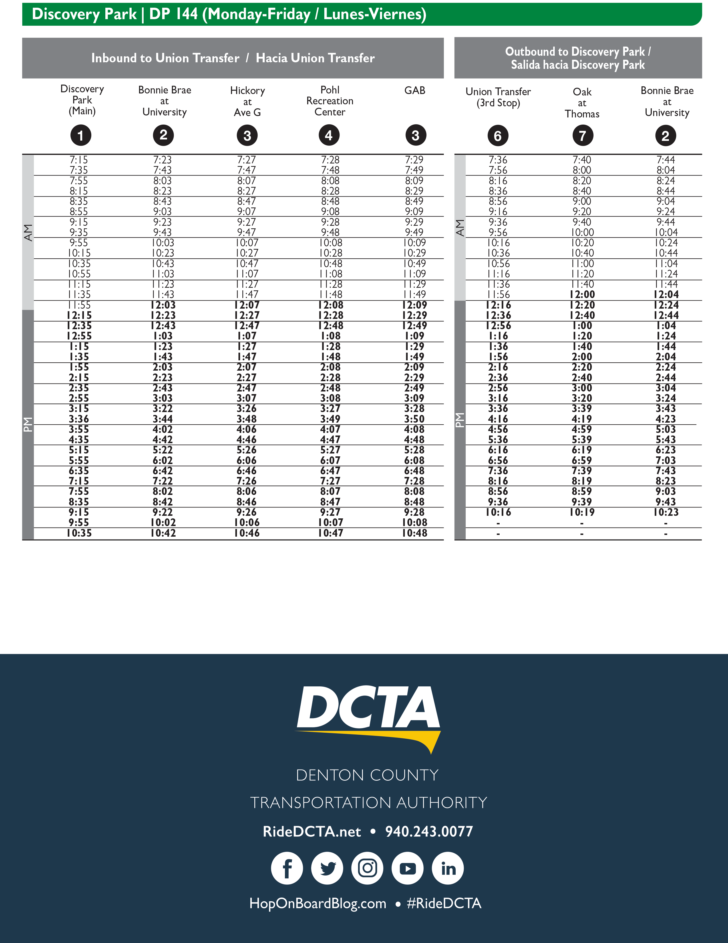 Discovery Park Route 144 Timetable
