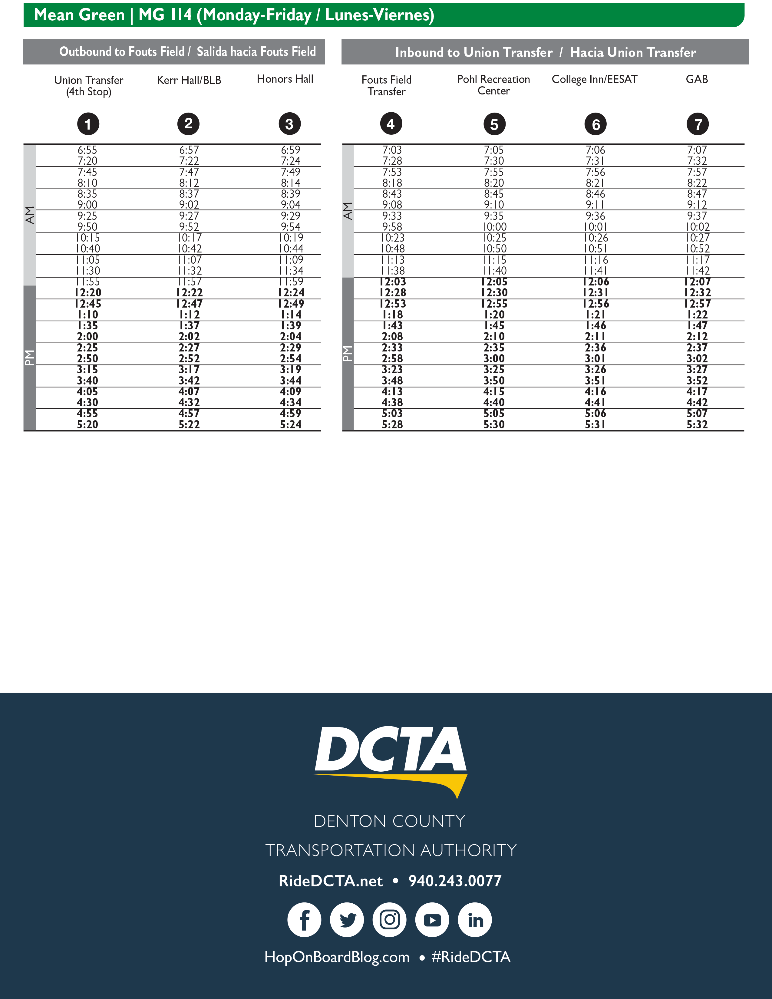 Mean Green Route 114 Timetable