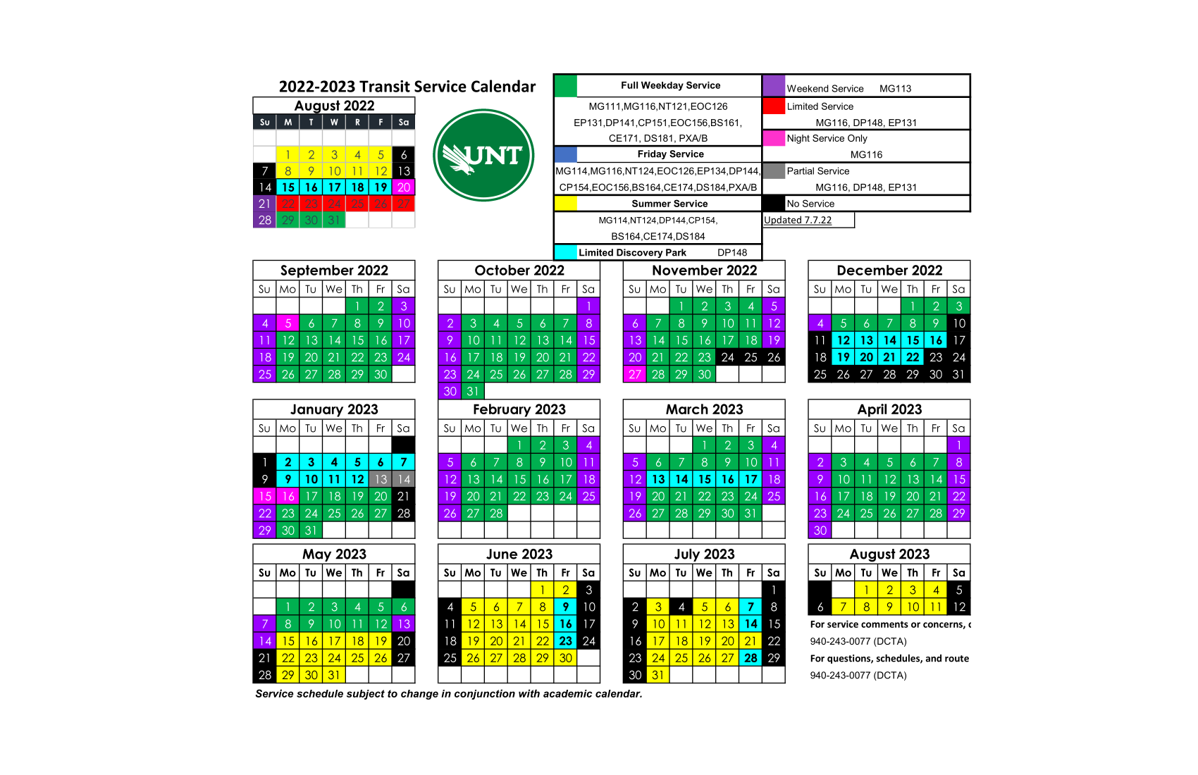 UNT Service Calendar 8.29.2022